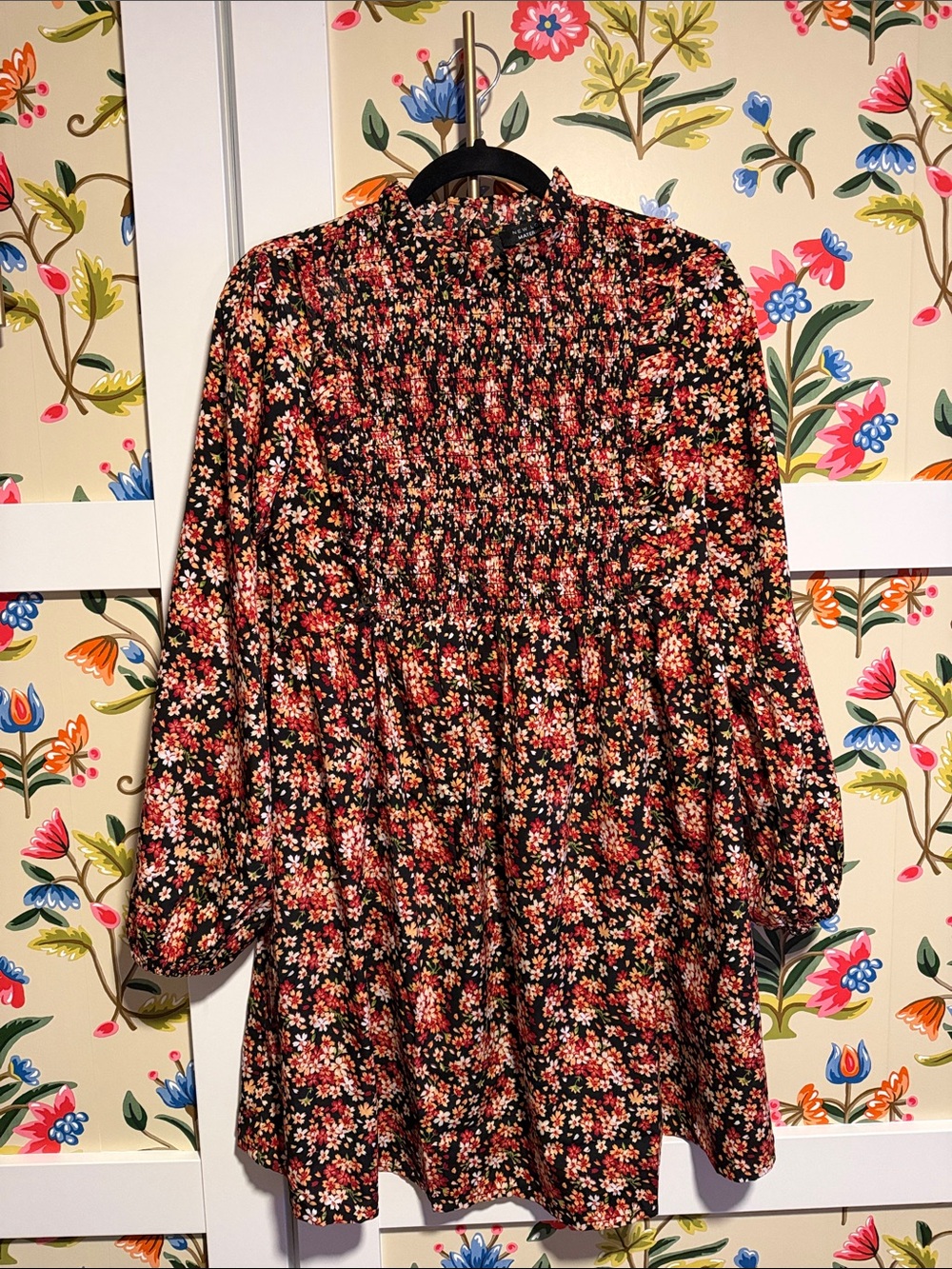 New Look Maternity Black Floral Smocked Long Sleeve Mini Dress